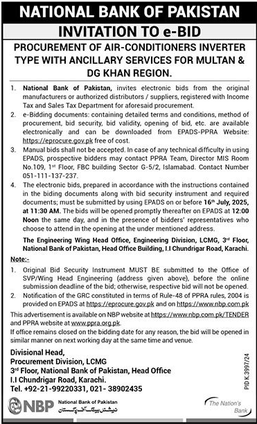 National Bank of Pakistan Karachi Tender Notice